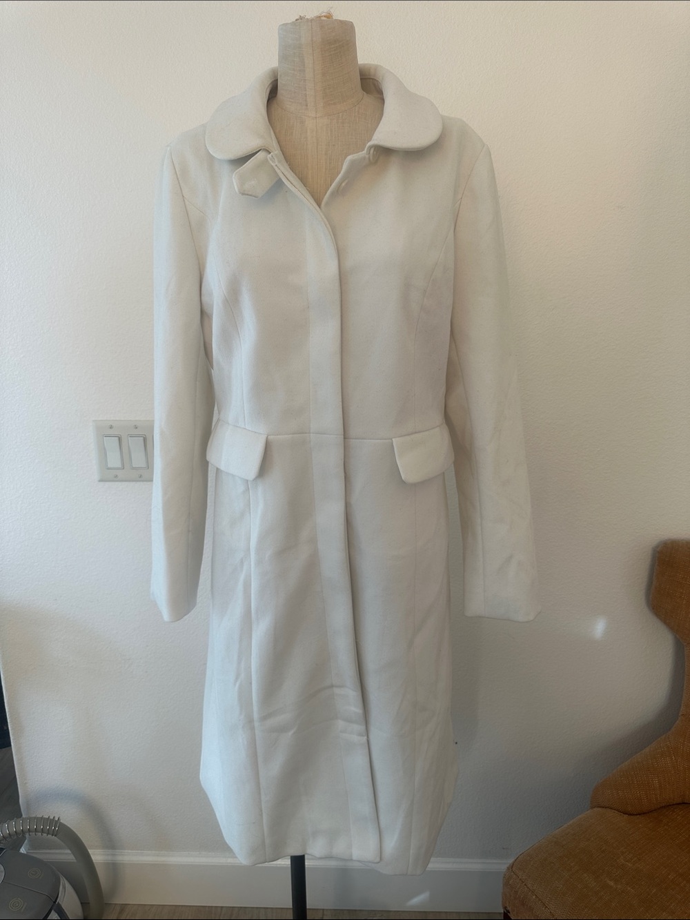 NWOT Women's Cream Long Trench Coat with Rounded Collar